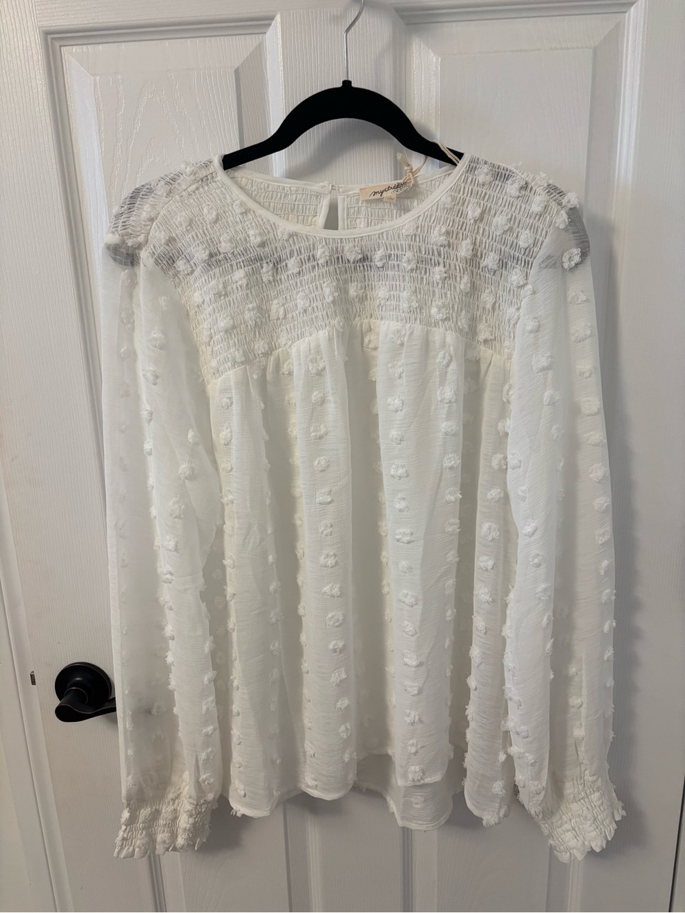 Mystree White Swiss Dot Smocked Yoke Blouse